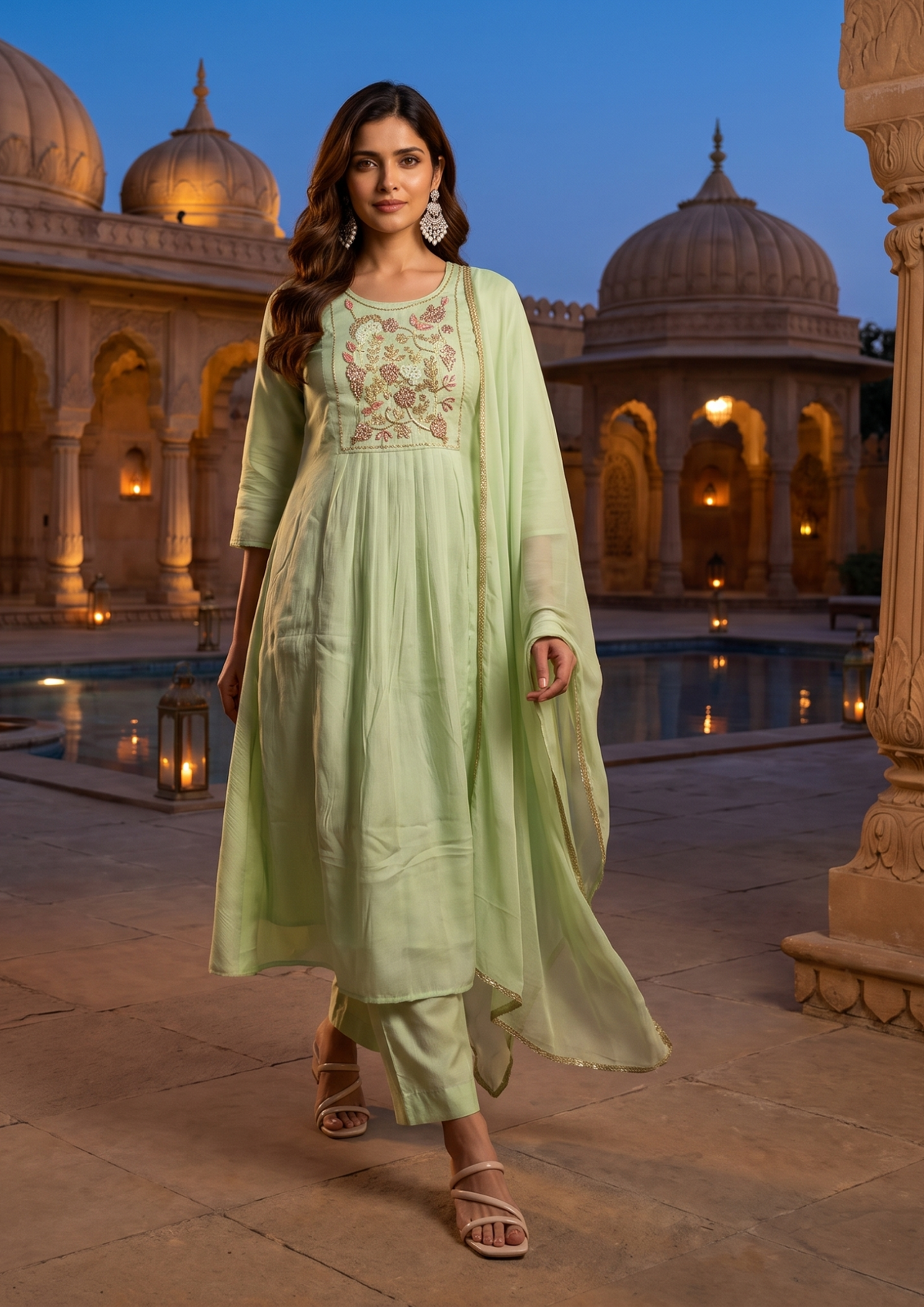 Green Handwork Mul Chanderi Suit Set with Dupatta
