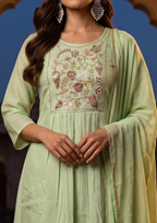 Green Handwork Mul Chanderi Suit Set with Dupatta