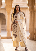 Beige Embroidered  Mul Cotton Suit Set with Dupatta