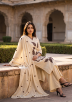 Beige Embroidered  Mul Cotton Suit Set with Dupatta