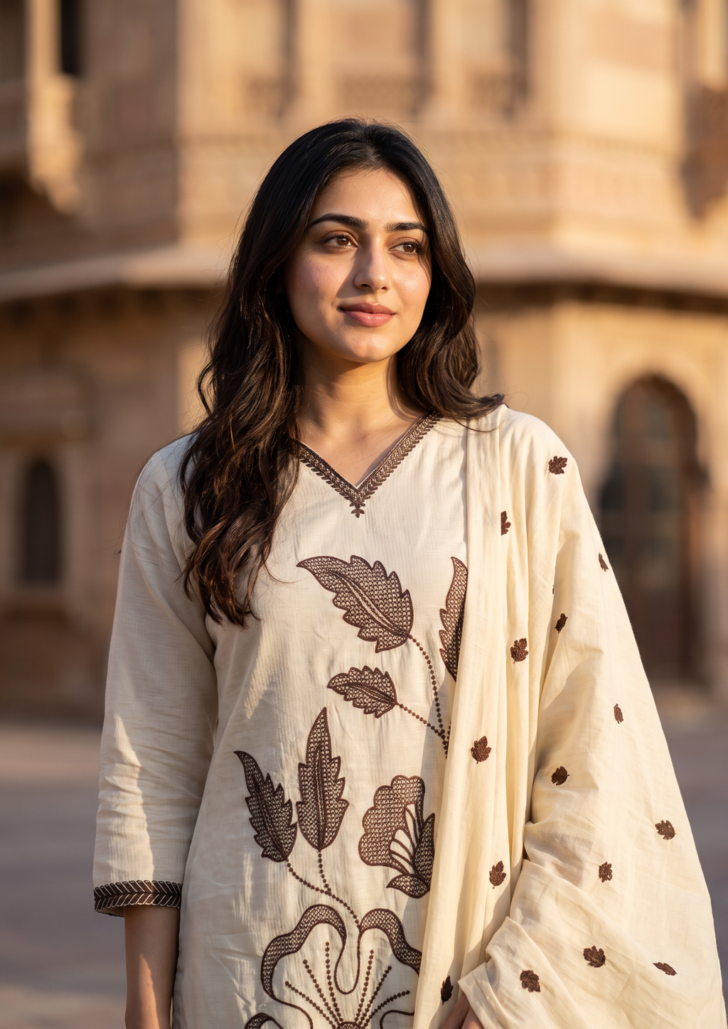 Beige Embroidered  Mul Cotton Suit Set with Dupatta