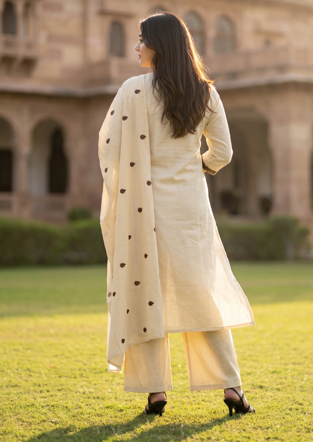 Beige Embroidered  Mul Cotton Suit Set with Dupatta