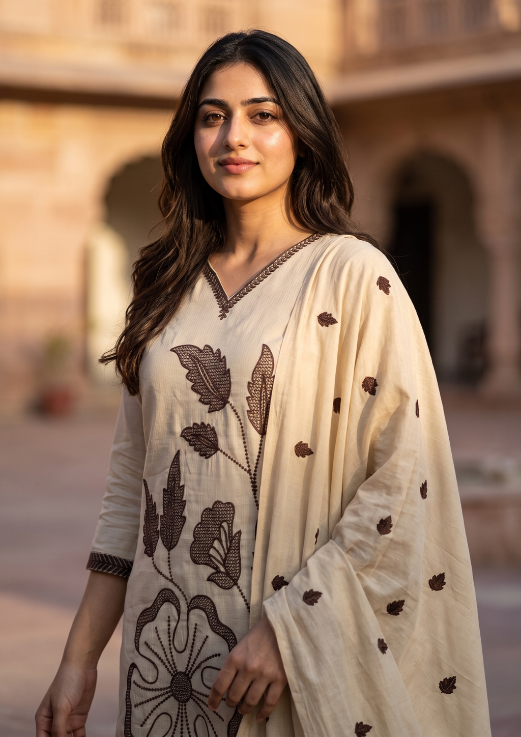 Beige Embroidered  Mul Cotton Suit Set with Dupatta