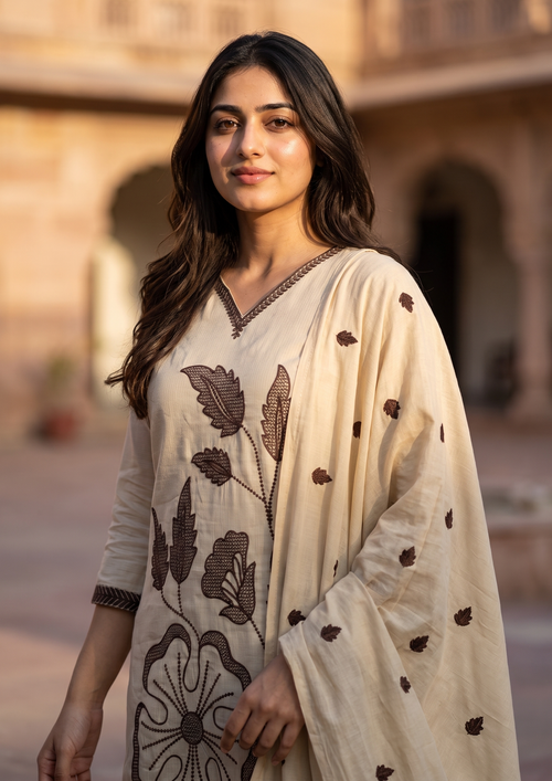 Beige Embroidered  Mul Cotton Suit Set with Dupatta