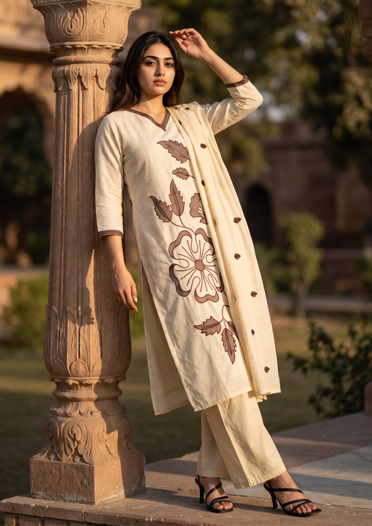 Beige Embroidered  Mul Cotton Suit Set with Dupatta