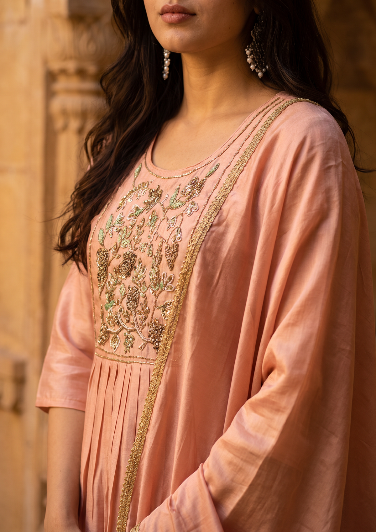 Peach Handwork Mul Chanderi Suit Set with Dupatta