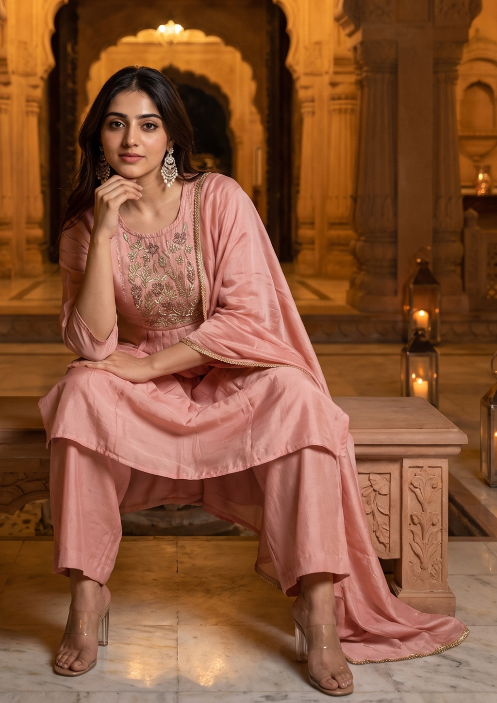 Peach Handwork Mul Chanderi Suit Set with Dupatta