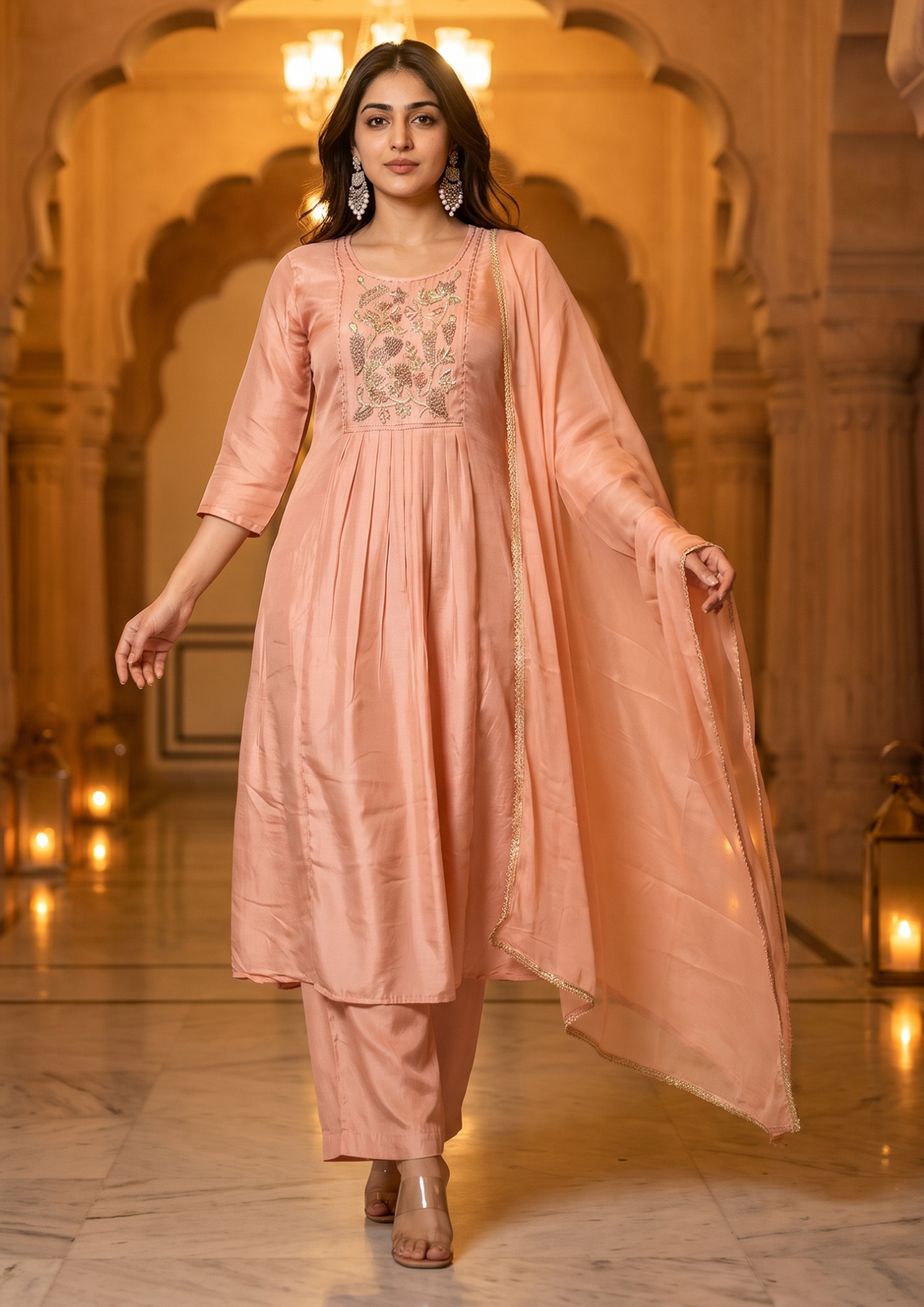 Peach Handwork Mul Chanderi Suit Set with Dupatta