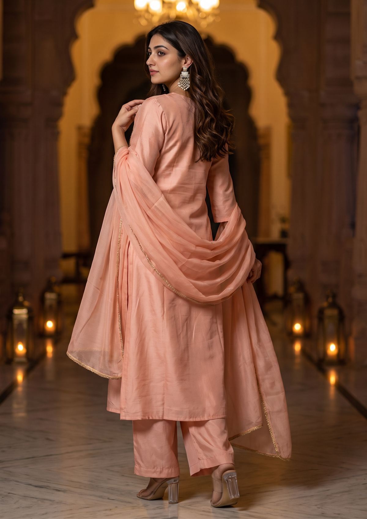 Peach Handwork Mul Chanderi Suit Set with Dupatta
