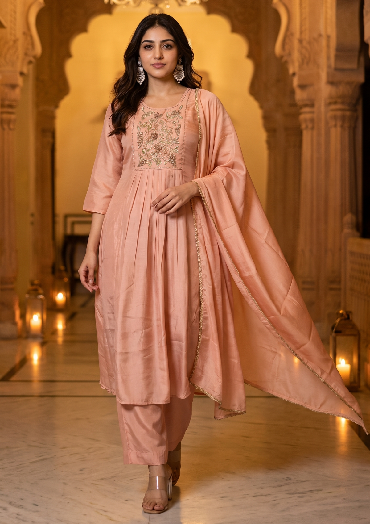 Peach Handwork Mul Chanderi Suit Set with Dupatta