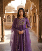 Plum Purple Embroidered Pure Mul Chanderi Suit Set with Dupatta