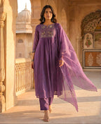 Plum Purple Embroidered Pure Mul Chanderi Suit Set with Dupatta