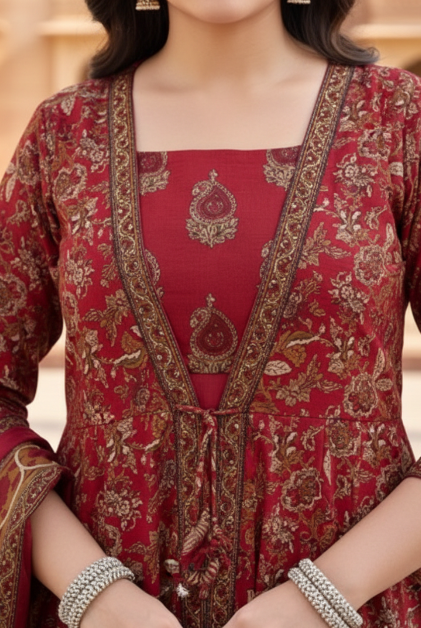 Dull Red Printed Cotton Anarkali Kurta and Pant Set with Dupatta