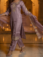 Purple Embroidered Roman Glass Silk Suit Set with Dupatta