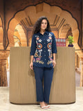 Navy Embroidered Cotton Slub Co-Ord Set