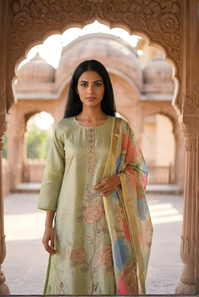 Green Smoke Embroidered Poly Jaquard Suit Set