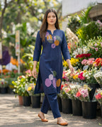 Navy Blue Embroidered Chanderi Silk Kurta and Pant Set