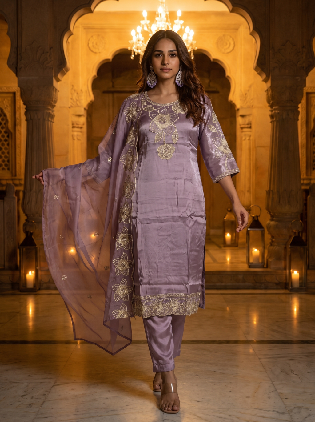 Purple Embroidered Roman Glass Silk Suit Set with Dupatta