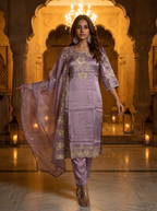 Purple Embroidered Roman Glass Silk Suit Set with Dupatta