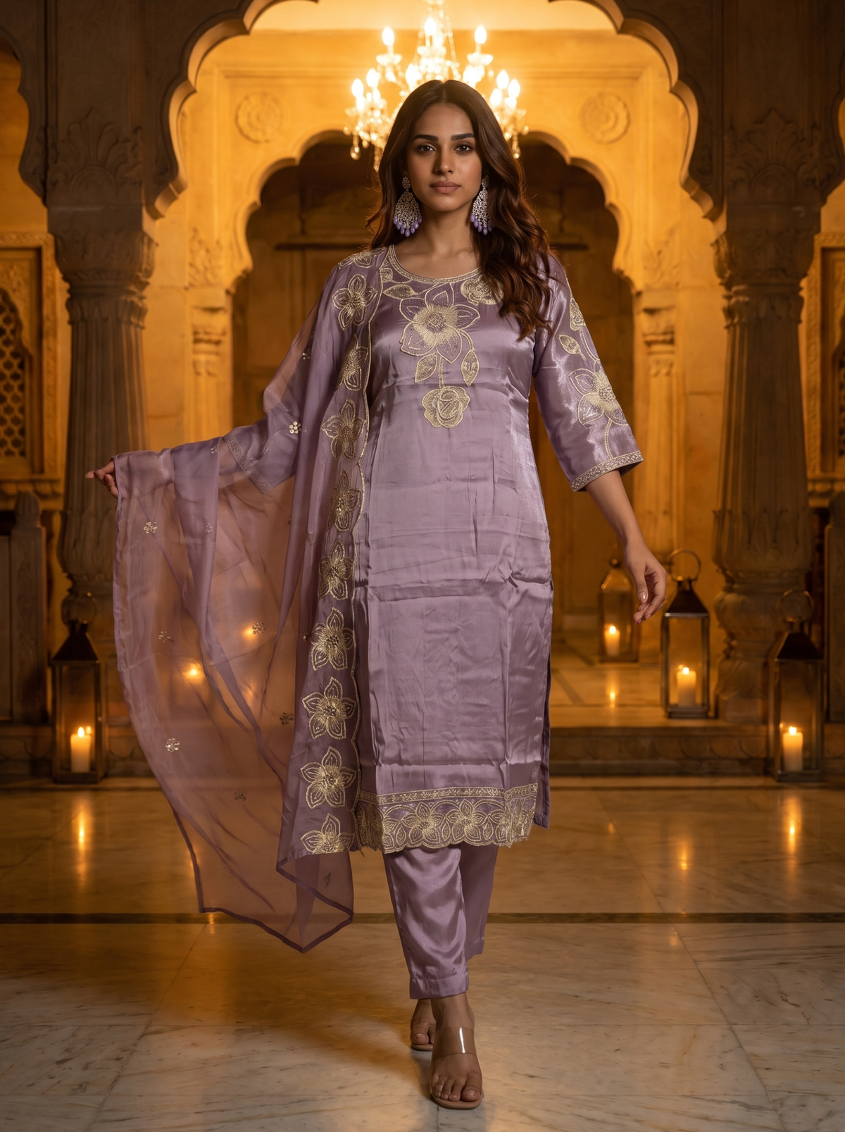 Purple Embroidered Roman Glass Silk Suit Set with Dupatta