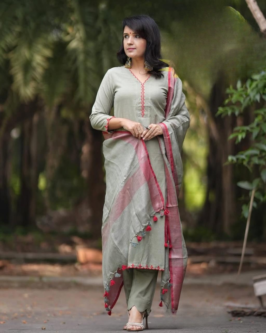 Green Embroidered Cotton Kurta and Pant Set with Dupatta