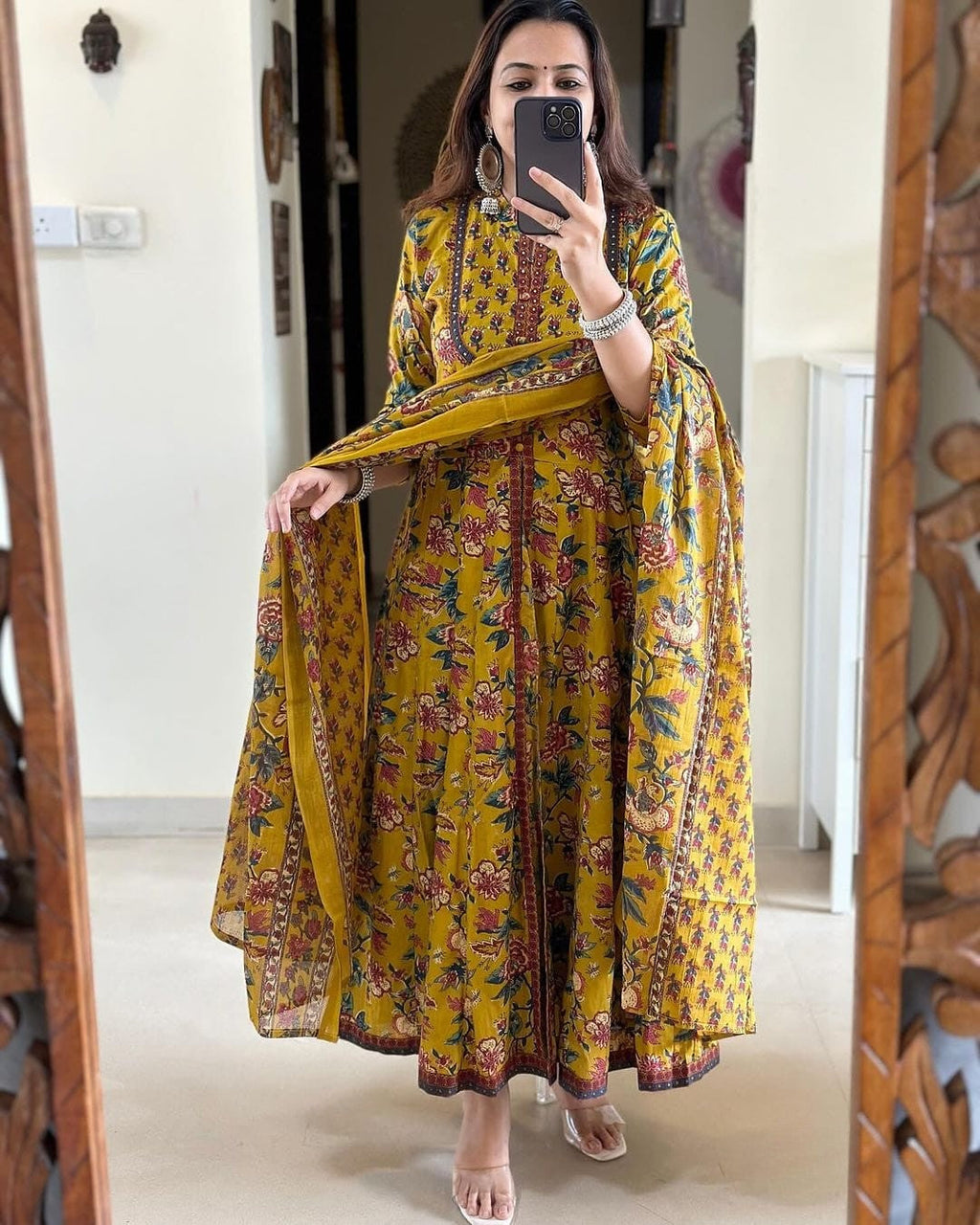 Mustard Floral Printed Cotton Anarkali Gown with Dupatta