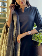 Black Embroidered Cotton Kurta and Pant Set with Dupatta