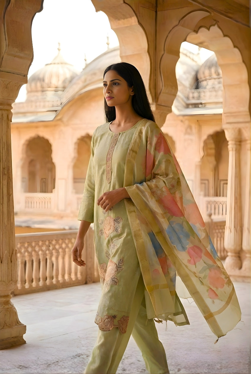 Green Smoke Embroidered Poly Jaquard Suit Set