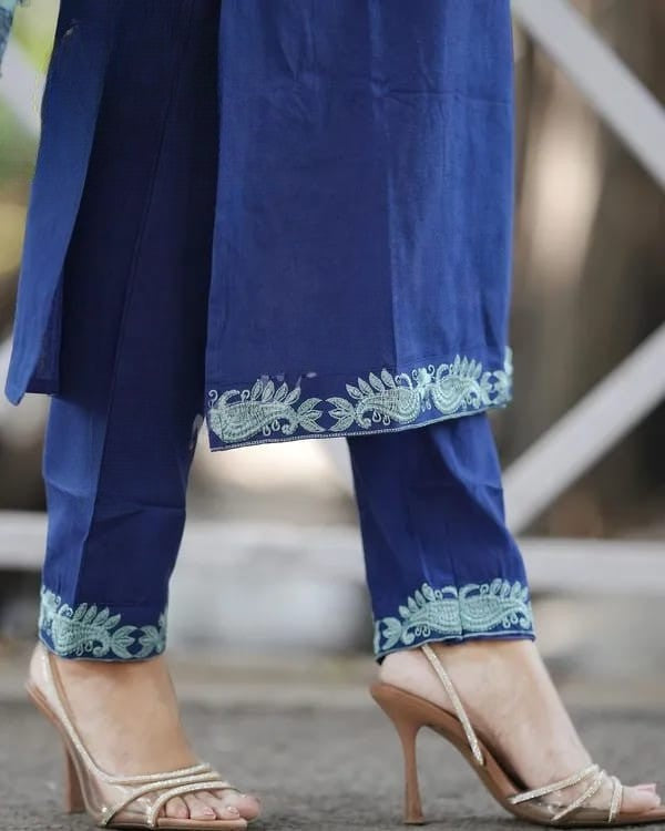 Lapis Blue Embroidered Cotton Suit Set with Dupatta