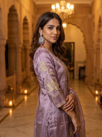 Purple Embroidered Roman Glass Silk Suit Set with Dupatta