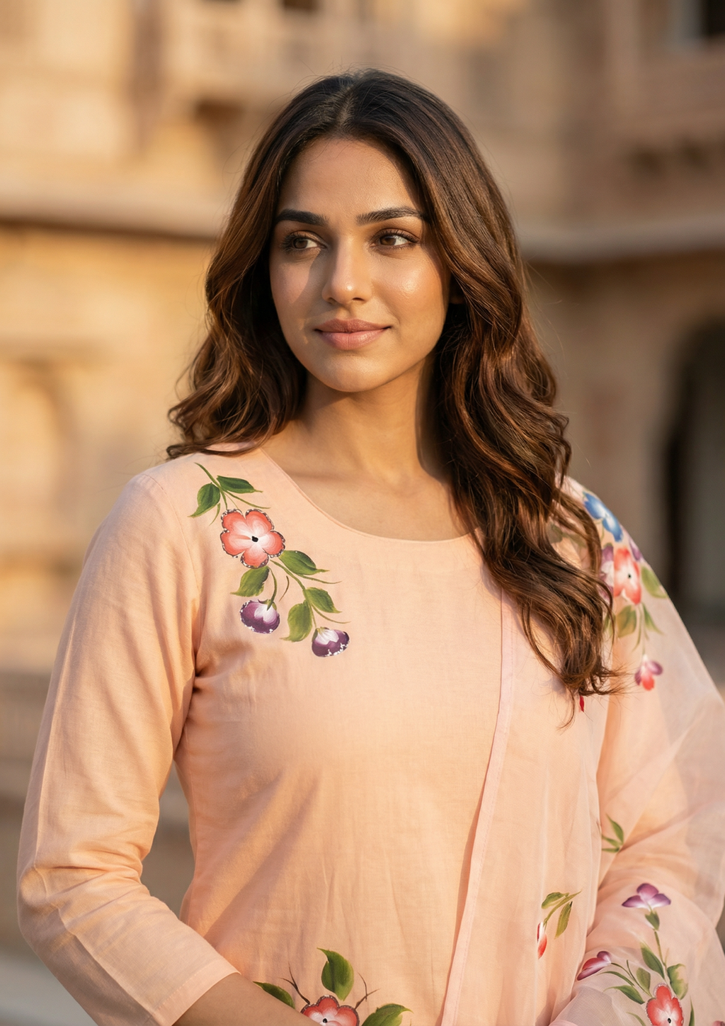 Light Peach Printed Roman Silk Suit Set