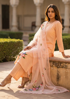 Light Peach Printed Roman Silk Suit Set with Dupatta