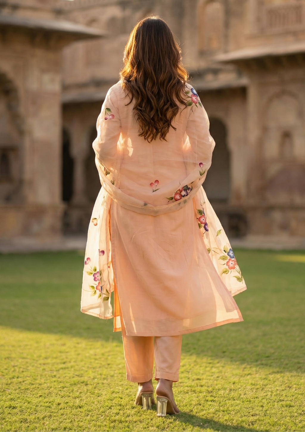 Light Peach Printed Roman Silk Suit Set