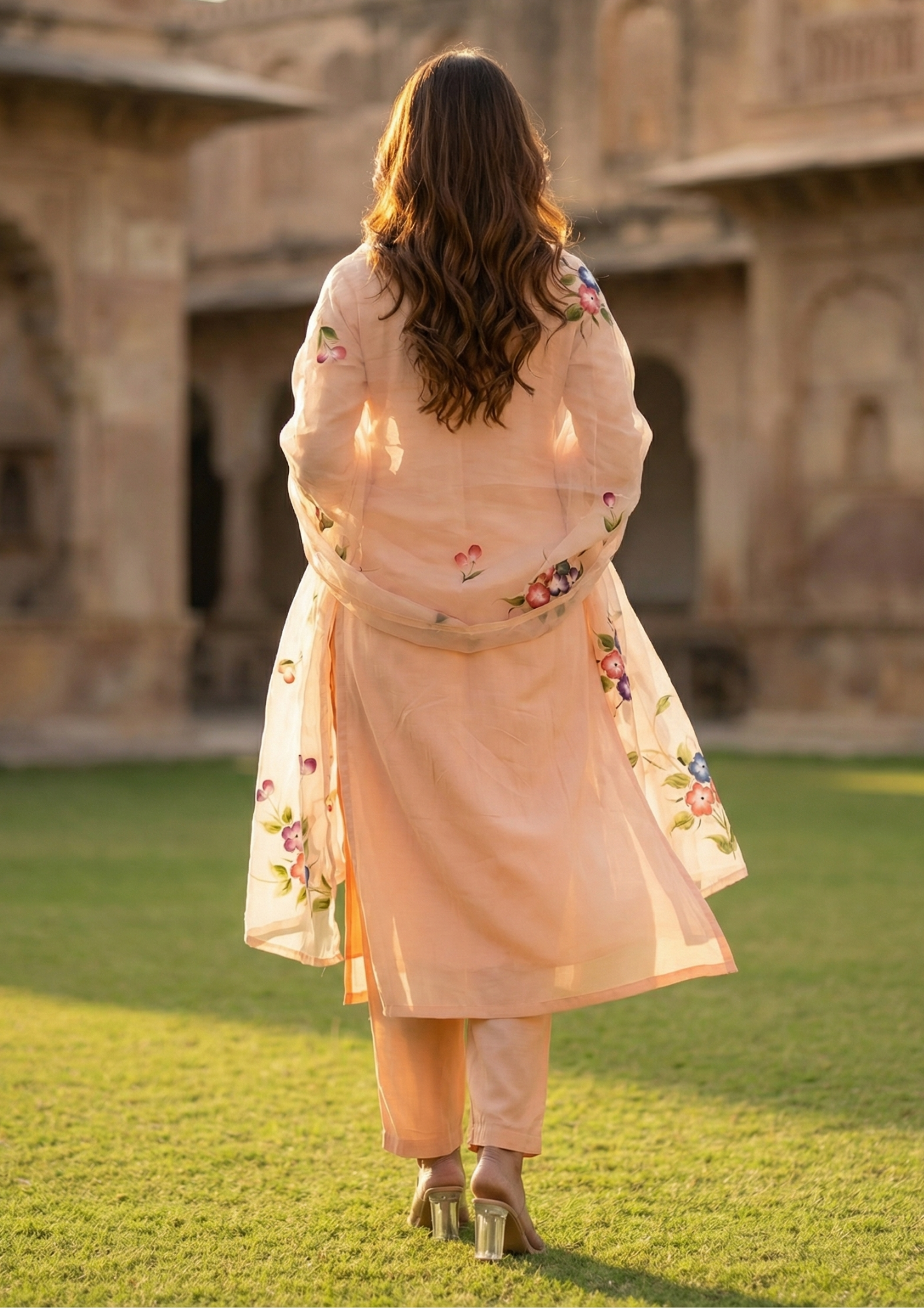 Light Peach Printed Roman Silk Suit Set