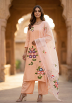 Light Peach Printed Roman Silk Suit Set with Dupatta
