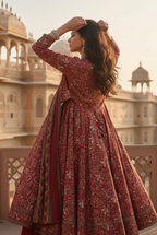 Dull Red Printed Cotton Anarkali Kurta and Pant Set with Dupatta