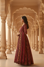 Dull Red Printed Cotton Anarkali Kurta and Pant Set with Dupatta