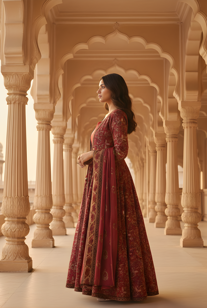 Dull Red Printed Cotton Anarkali Kurta and Pant Set with Dupatta