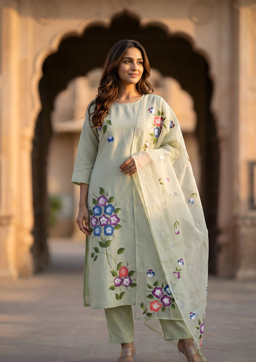 Granite Green Printed Roman Silk Suit Set