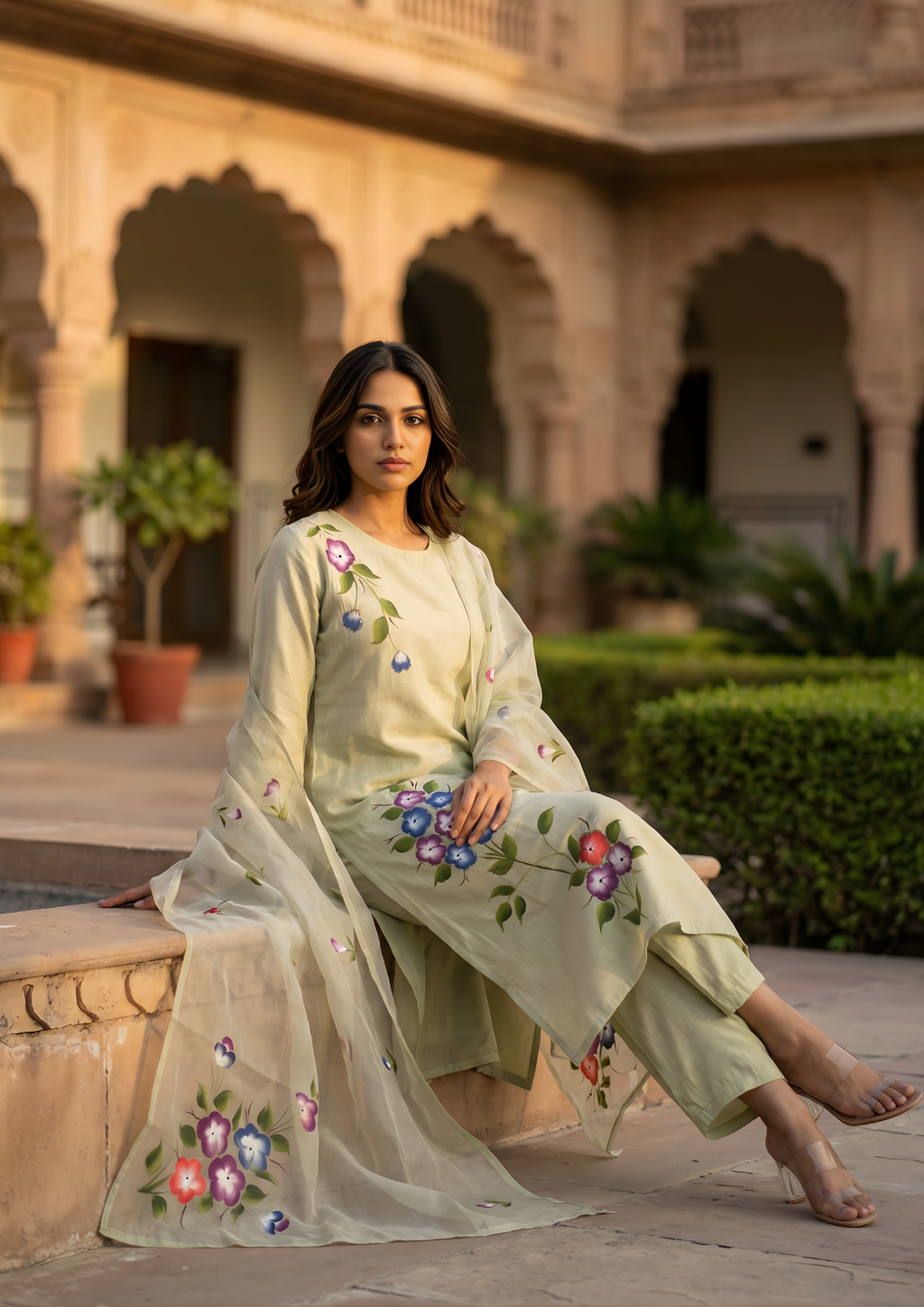 Granite Green Printed Roman Silk Suit Set