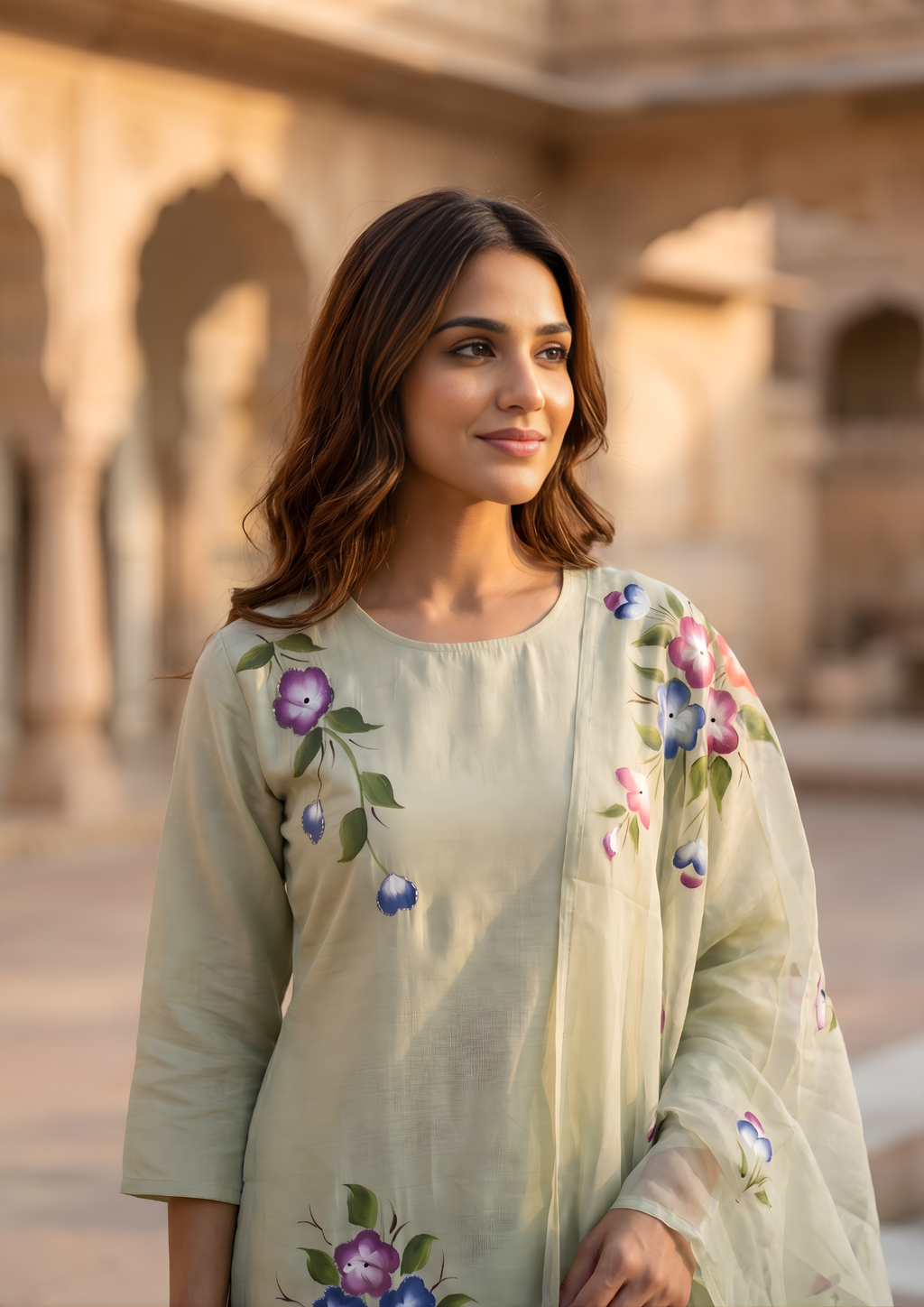 Granite Green Printed Roman Silk Suit Set
