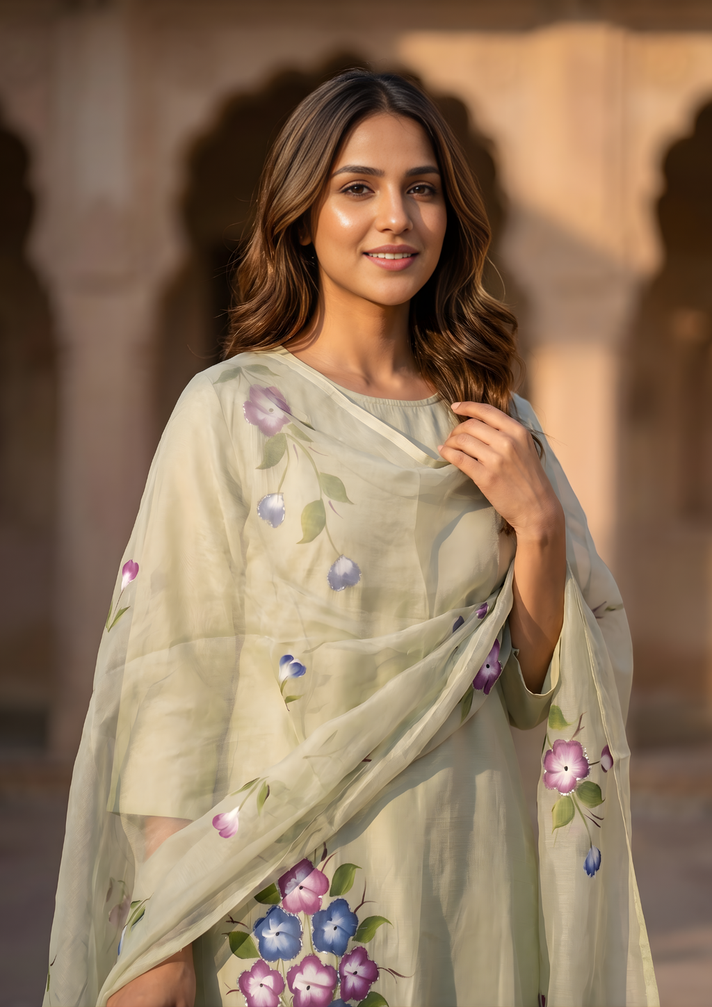 Granite Green Printed Roman Silk Suit Set
