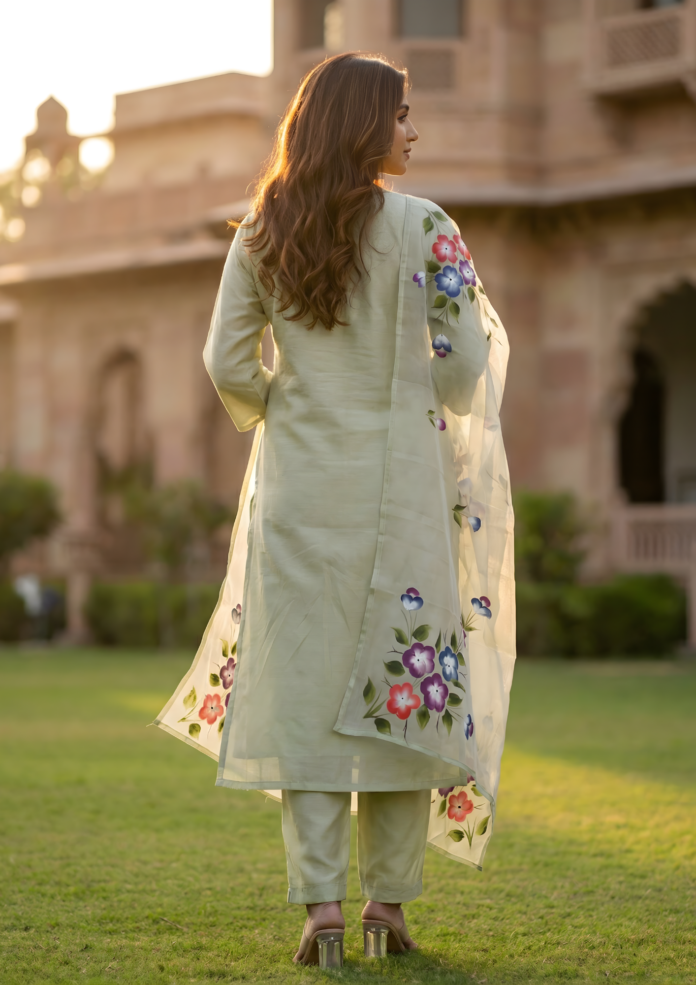 Granite Green Printed Roman Silk Suit Set