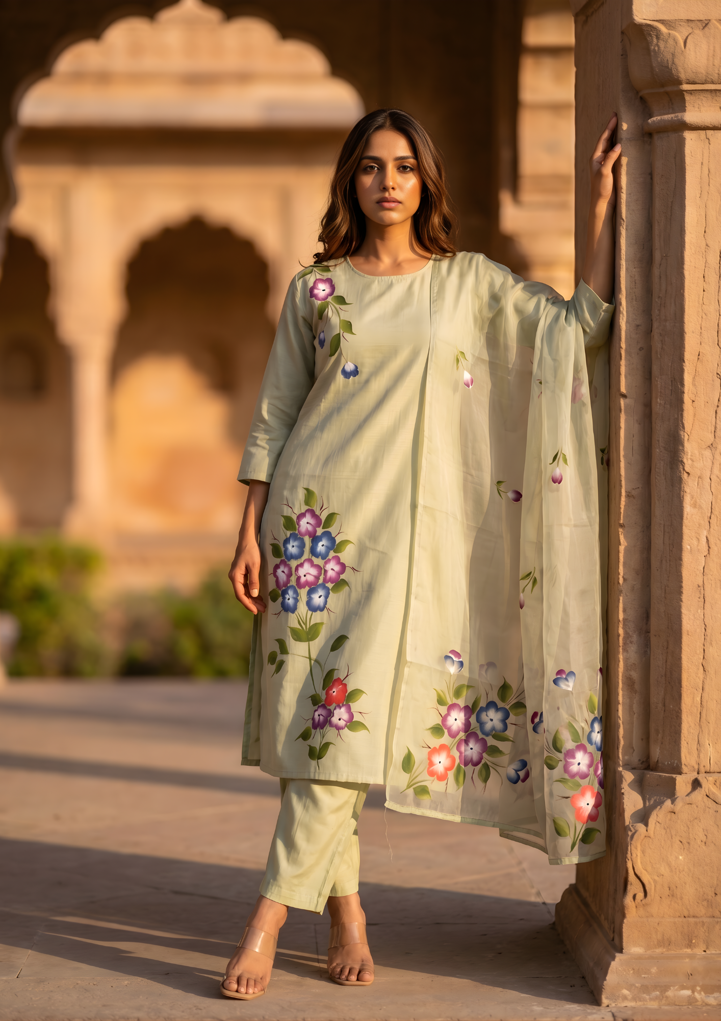 Granite Green Printed Roman Silk Kurta and Pant Set with Dupatta