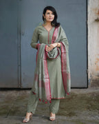 Green Embroidered Cotton Kurta and Pant Set with Dupatta
