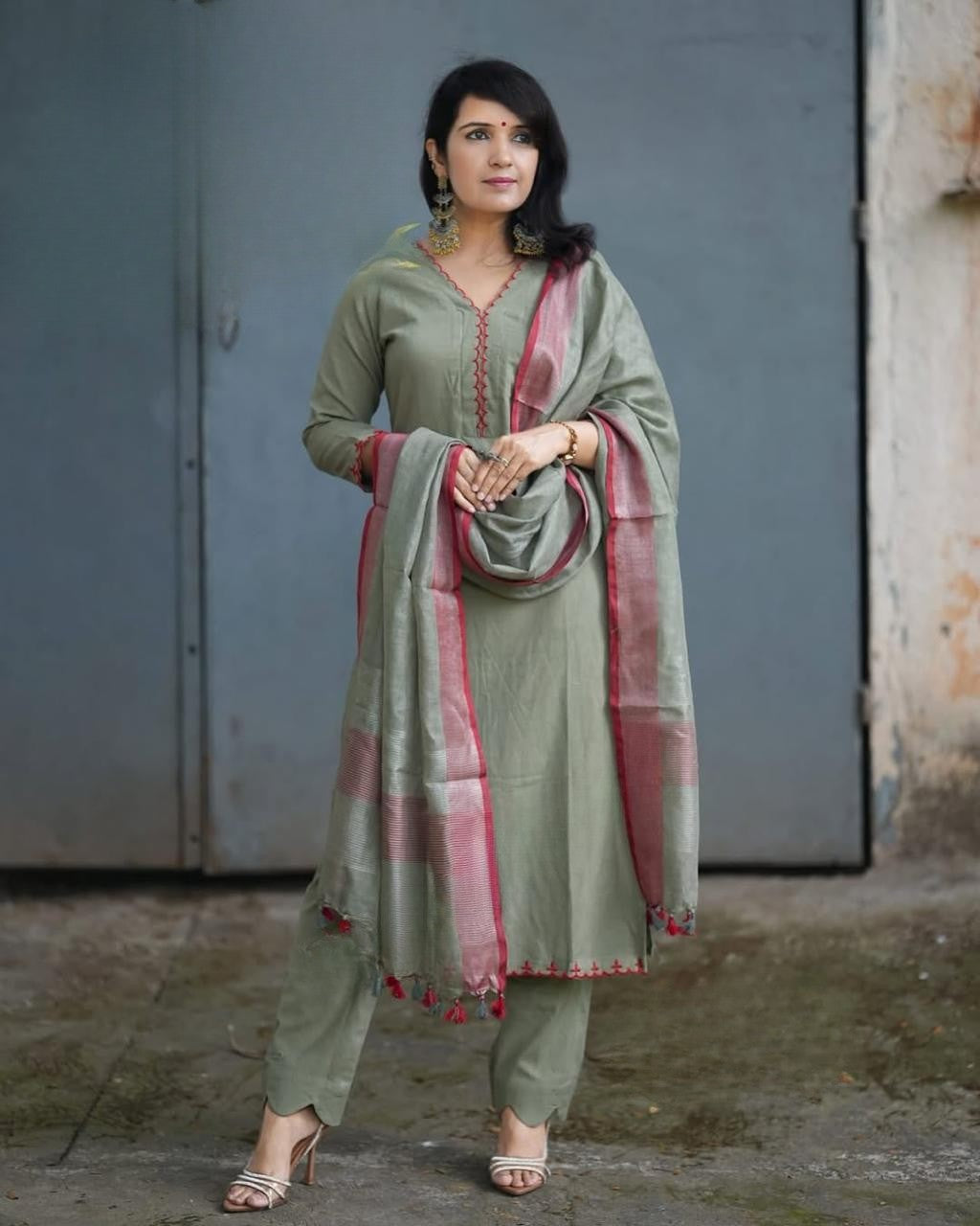Green Embroidered Cotton Kurta and Pant Set with Dupatta
