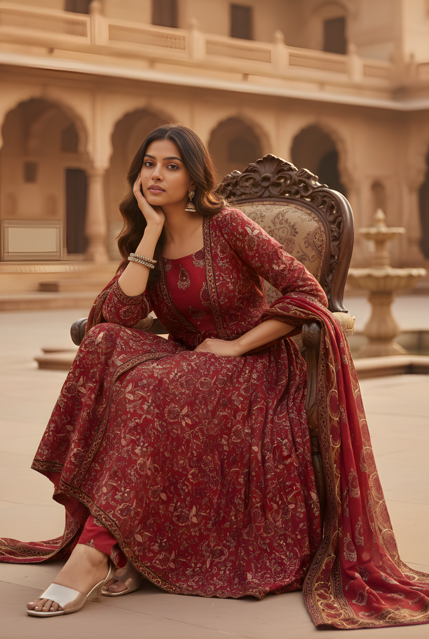 Dull Red Printed Cotton Anarkali Kurta and Pant Set with Dupatta