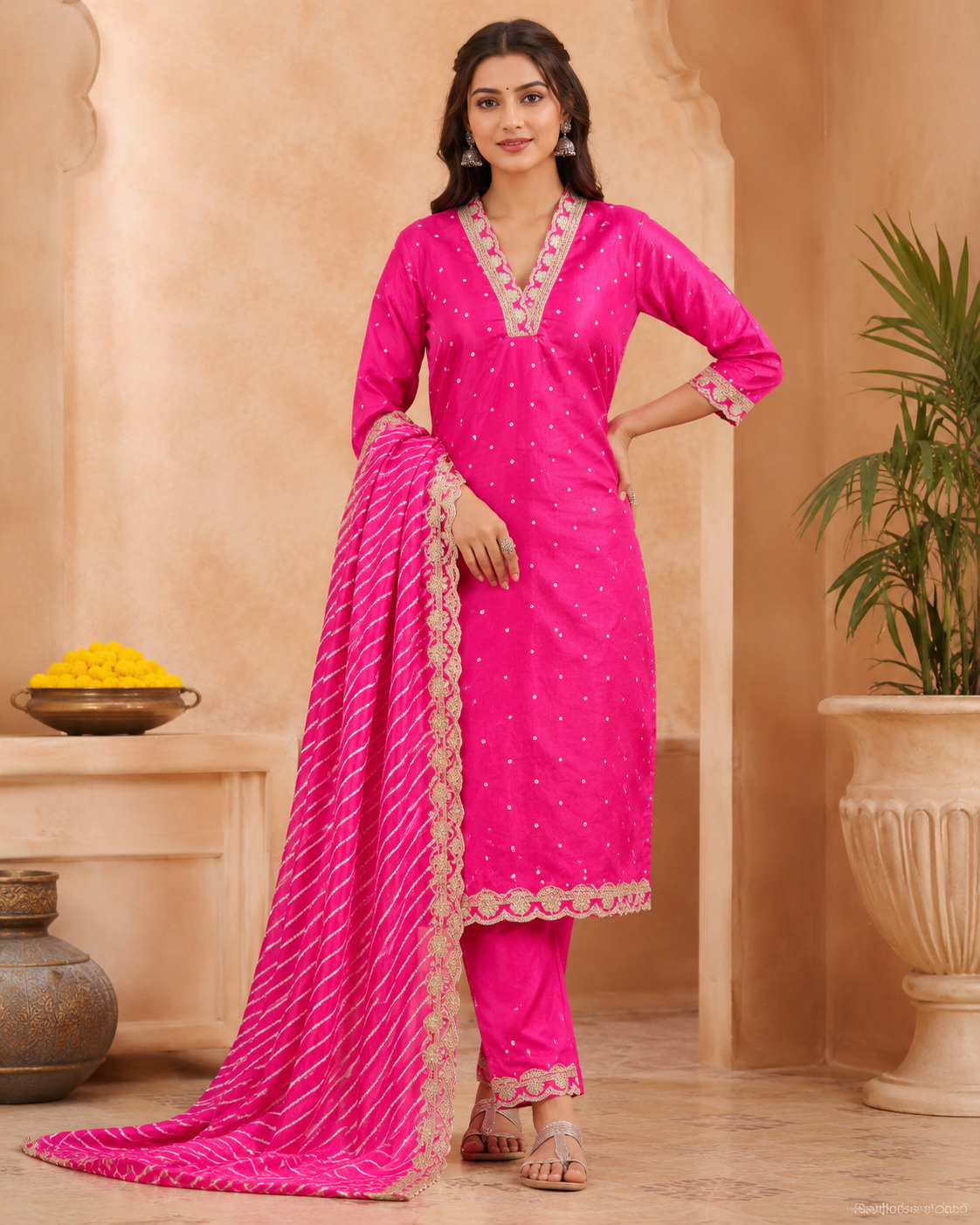Pink Embroidered Chinon Suit Set with Lehariya Dupatta