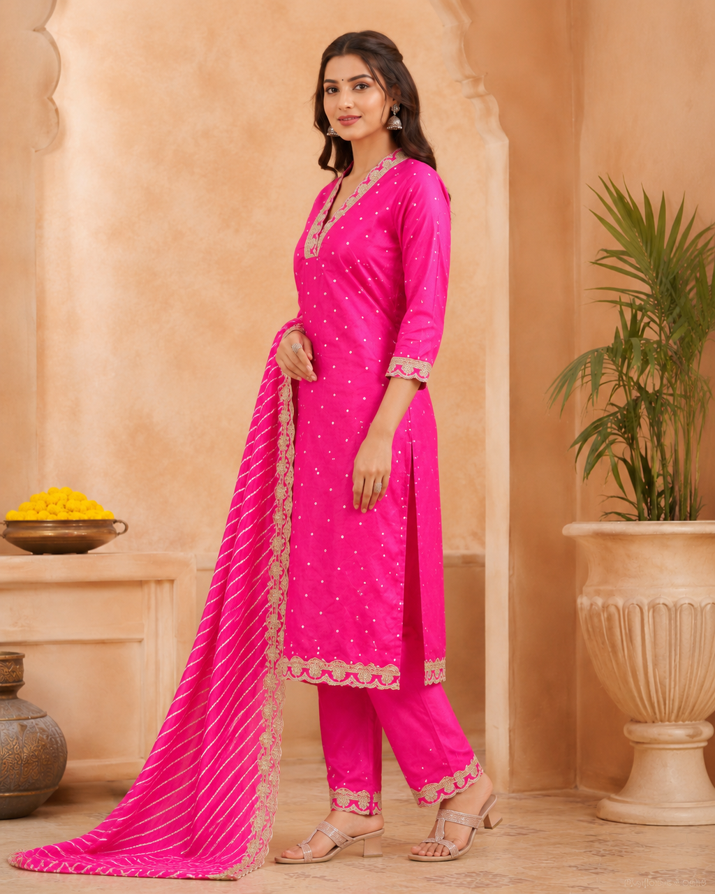 Pink Embroidered Chinon Suit Set with Lehariya Dupatta