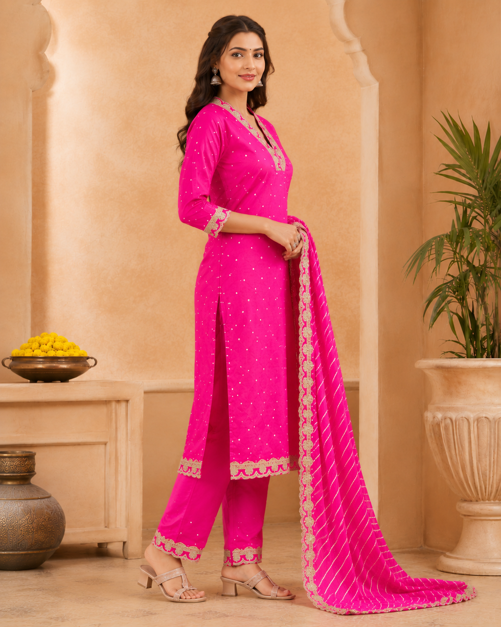 Pink Embroidered Chinon Suit Set with Lehariya Dupatta
